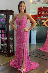 2025 Red Sequin Prom Dresses V Neck Spaghetti Straps Split