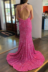 2025 Red Sequin Prom Dresses V Neck Spaghetti Straps Split