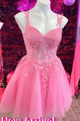 Pink Homecoming Dress Flower Straps A-line Appliques Tulle Hoco Dress