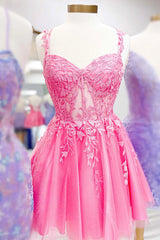 Pink Homecoming Dress Flower Straps A-line Appliques Tulle Hoco Dress