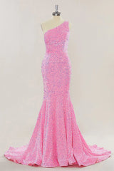 Pink Long Prom Dresses One Shoulder Sequins Formal Gown Mermaid - MyChicDress