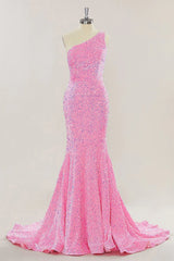 Pink Long Prom Dresses One Shoulder Sequins Formal Gown Mermaid
