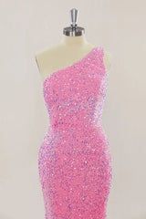Pink Long Prom Dresses One Shoulder Sequins Formal Gown Mermaid - MyChicDress