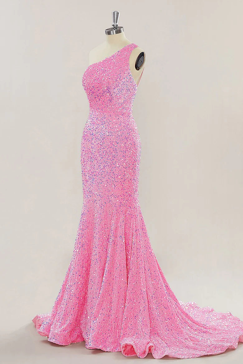 Pink Long Prom Dresses One Shoulder Sequins Formal Gown Mermaid - MyChicDress