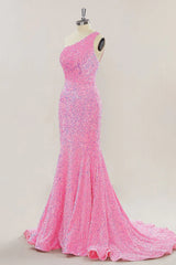 Pink Long Prom Dresses One Shoulder Sequins Formal Gown Mermaid - MyChicDress