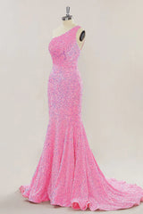 Pink Long Prom Dresses One Shoulder Sequins Formal Gown Mermaid