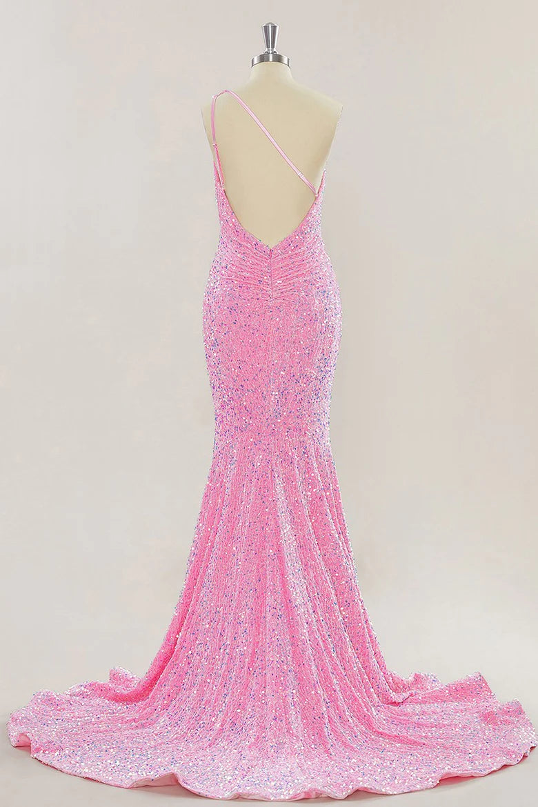 Pink Long Prom Dresses One Shoulder Sequins Formal Gown Mermaid - MyChicDress
