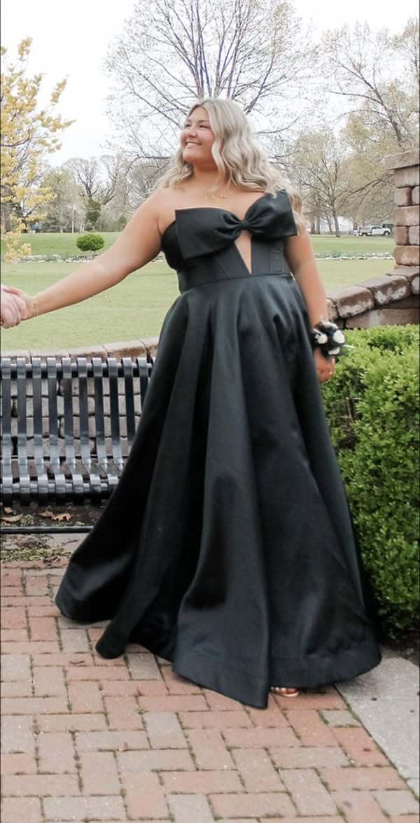 Plus Size Black Satin Prom Dresses Strapless Backless