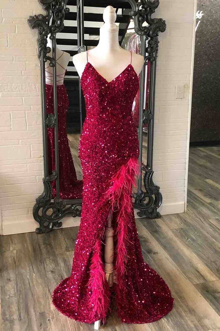 Plus Size Sequin Burgundy Prom Dresses Mermaid Slit with Feather