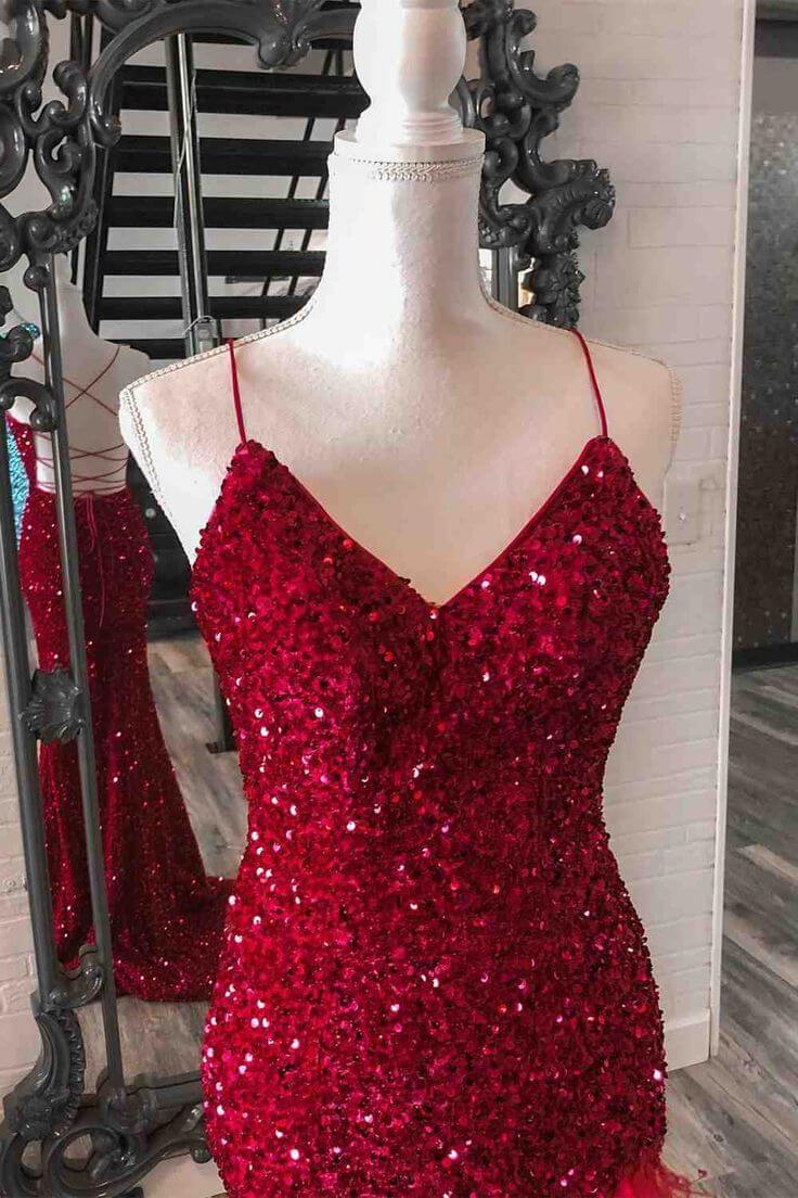 Vestidos de Noche Rojos de Lentejuelas Tallas Grandes Corte Sirena con Plumas