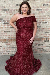 Plus Size Wine Red Sequin Prom Dresses Off Shoulder Long Evening Dress
