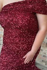 Plus Size Wine Red Sequin Prom Dresses Off Shoulder Long Evening Dress