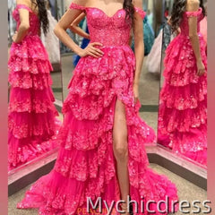 Plus Size Tiered Black Prom Dress Ruffles Off the Shoulder Sequin Lace