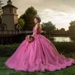 Pretty 2024 Pink Quinceanera Dresses Puffy Lace Off-Shoulder Sweet 16 Gowns