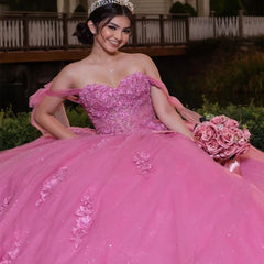 Pretty 2024 Pink Quinceanera Dresses Puffy Lace Off-Shoulder Sweet 16 Gowns