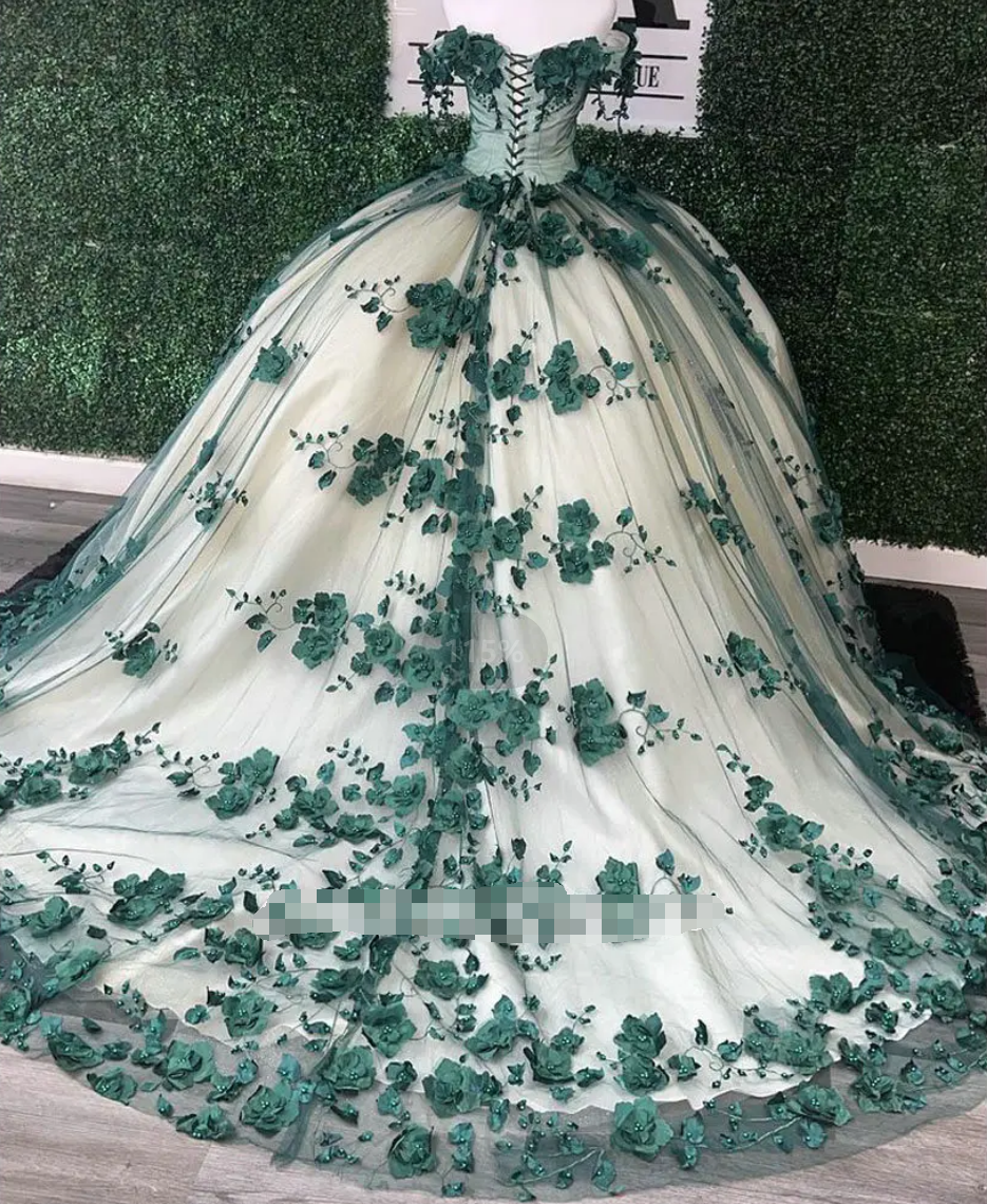 Princess Ball Gown Green Quince Dresses Floral Beaded Crystals Off the Shoulder MyChicDress
