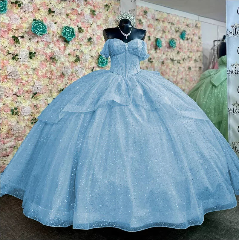 Princess Sage Green Corset Quinceanera Dress Off-Shoulder Big Bow