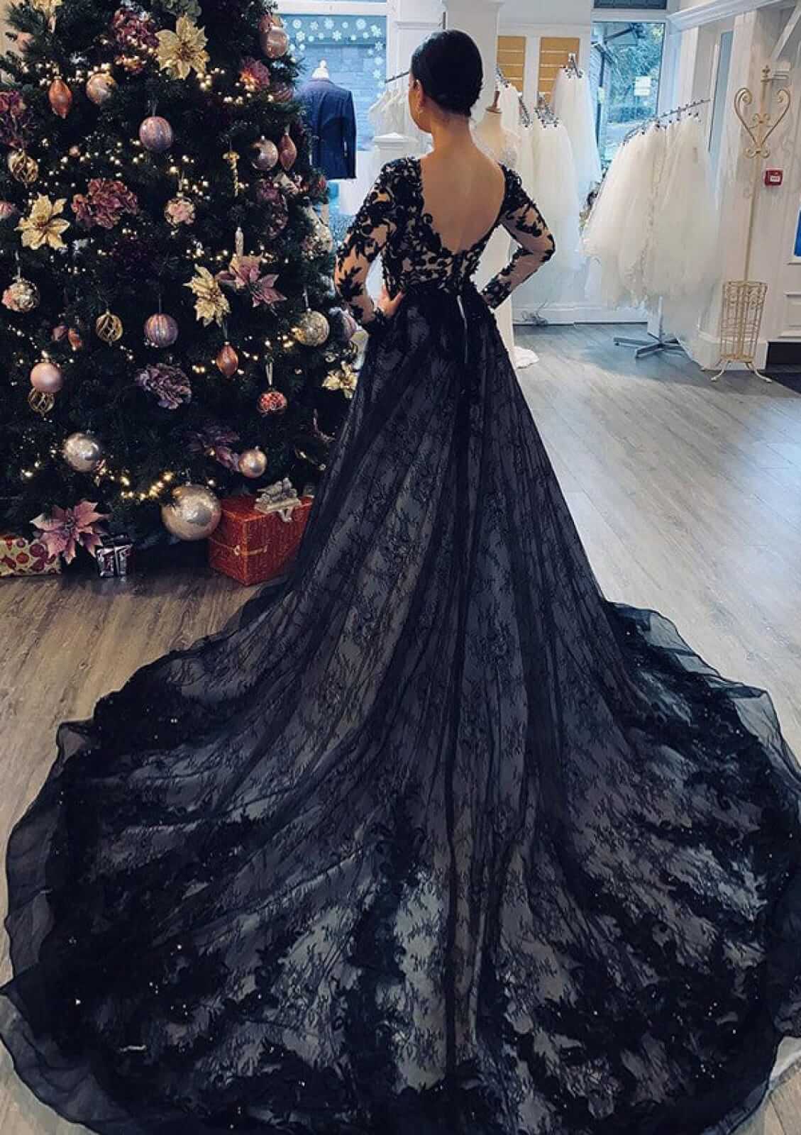 Princess Gothic Black Wedding Dress Lace with Long Sleeves