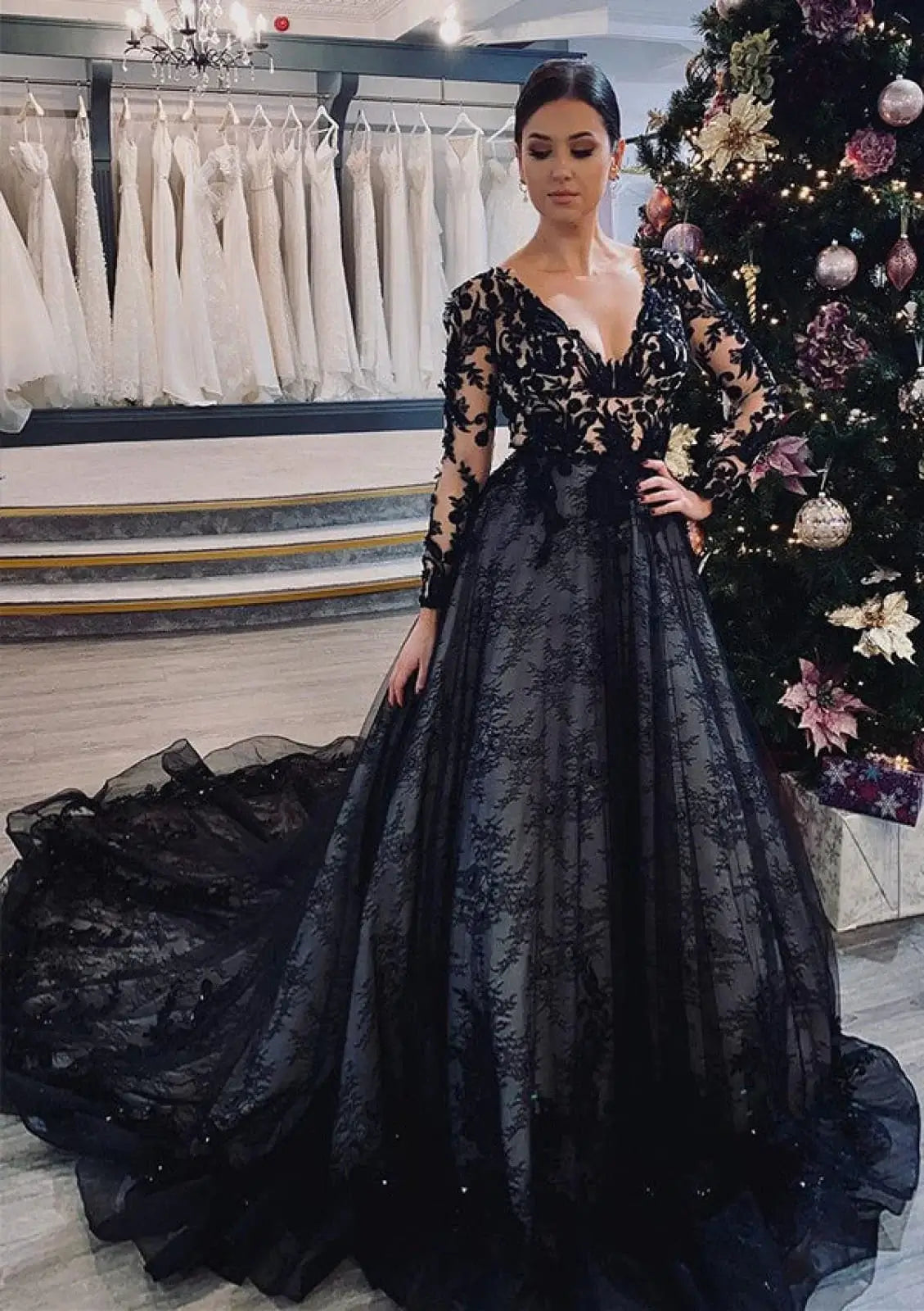 Princess Gothic Black Wedding Dress Lace with Long Sleeves