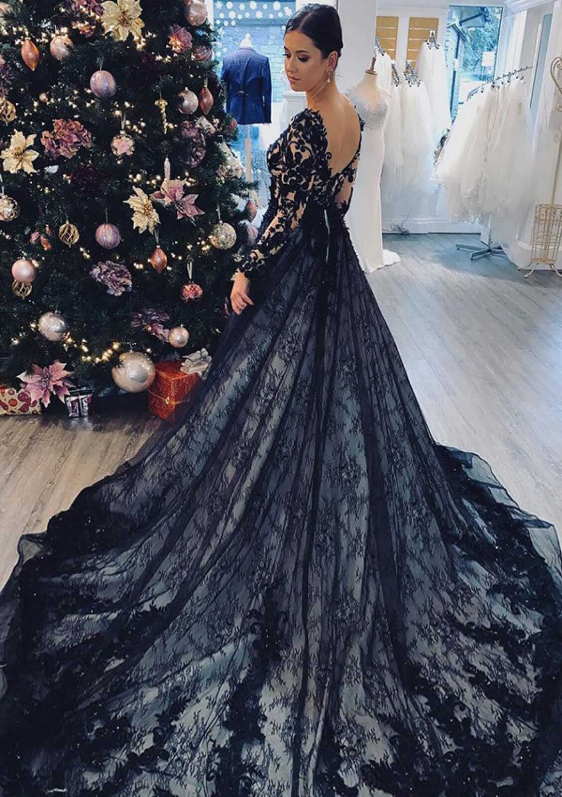 Princess Gothic Black Wedding Dress Lace with Long Sleeves