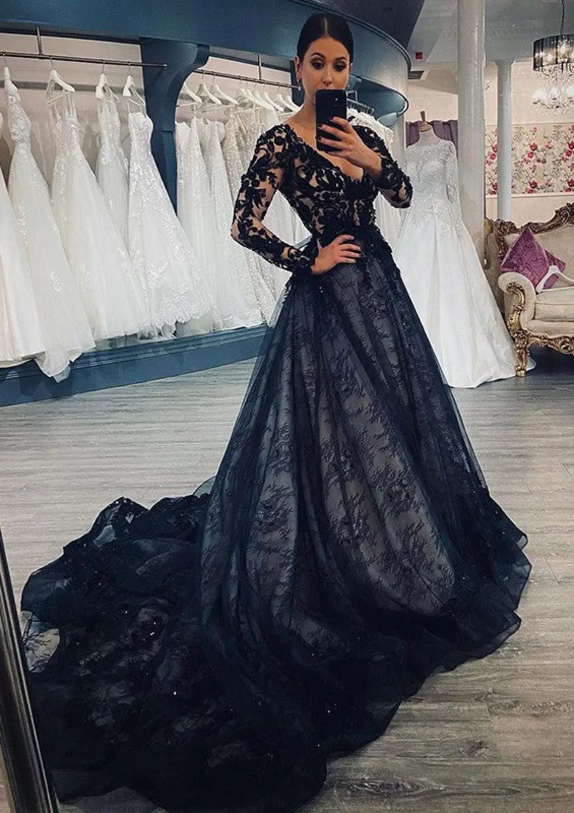 Princess Gothic Black Wedding Dress Lace with Long Sleeves