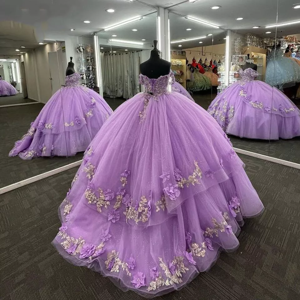 Princess Lace Lavender 2025 Quinceanera Dress Ball Gown 3D Flowers Sweet 16 Dress