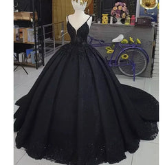 Princess Ball Gown Spaghetti Straps Beaded Black Wedding Dresses