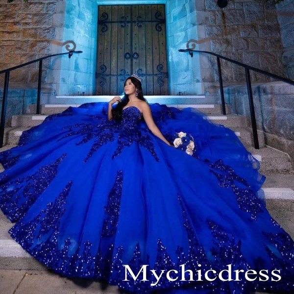 Princess Blue Quinceanera Dress Ruffle Shiny Sweetheart Vestidos De 15 Años - MyChicDress
