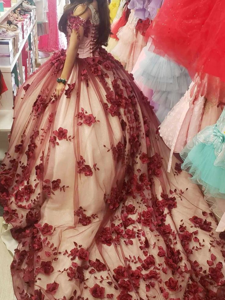 Princess Burgundy Quinceanera 15 Dresses Crystals With 3D Flowers ...