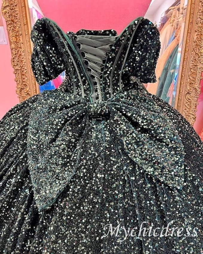 Princess Dark Green Quinceanera Dresses Sequin Bow with Bubble Sleeves Mychicdress