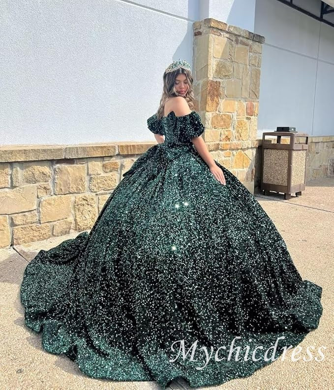 Princess Dark Green Quinceanera Dresses Sequin Bow with Bubble Sleeves Mychicdress