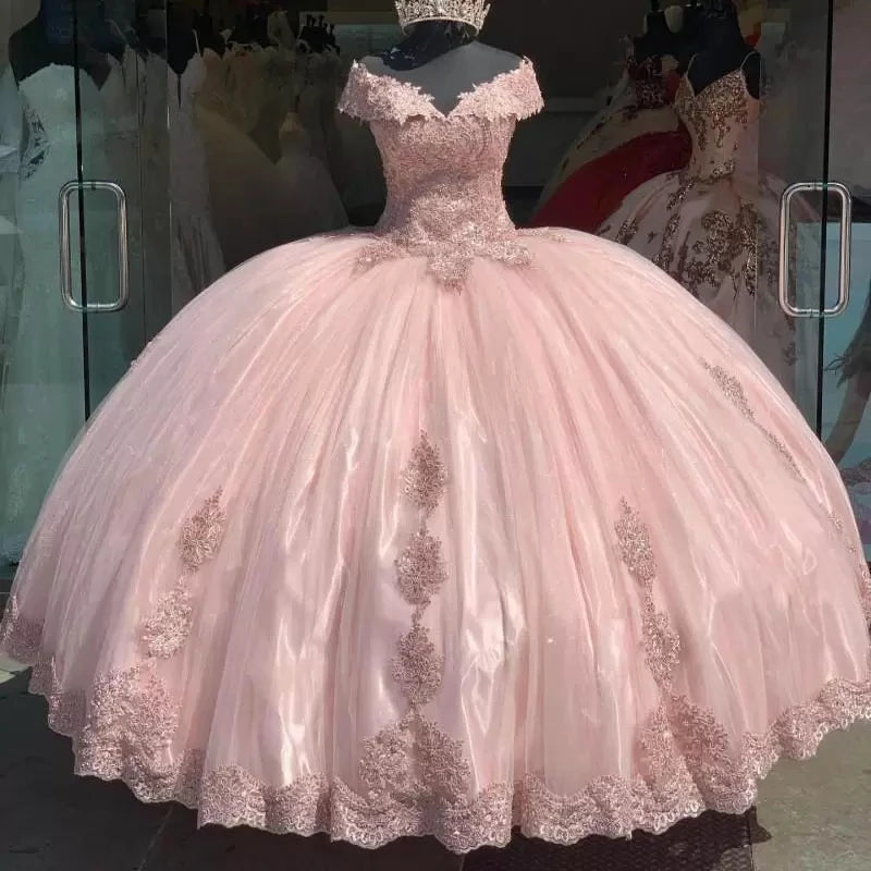 Princess Lace Applique Pink 15 Party Quinceanera Dresses Vintage Off-Shoulder - MyChicDress