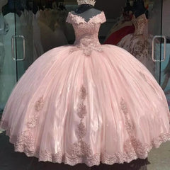 Princess Lace Applique Pink 15 Party Quinceanera Dresses Vintage Off-Shoulder - MyChicDress