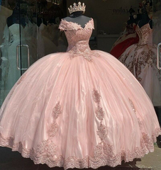 Princess Lace Applique Pink 15 Party Quinceanera Dresses Off-Shoulder