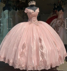 Princess Lace Applique Pink 15 Party Quinceanera Dresses Vintage Off-Shoulder - MyChicDress