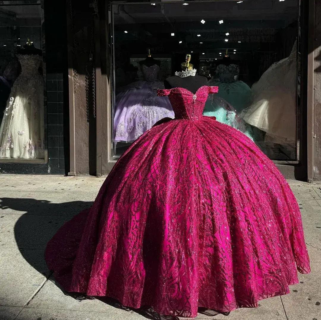Princess Lace Appliques Fuchsia Quinceanera Dress for Sweet 16 Party