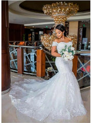 Princess Lace Wedding Dresses Mermaid Off Shoulder Straps Appliques