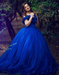 Princess Tulle Royal Blue Wedding Dresses Flowers Quince Dress Off The Shoulder