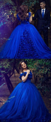 Princess Royal Blue Ball Gown Tulle Wedding Dresses Off the Shoulder Quince Dress