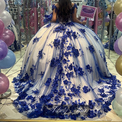 Princess Royal Blue Vestidos De 15 Quinceanera Dresses 3D Floral Crystals