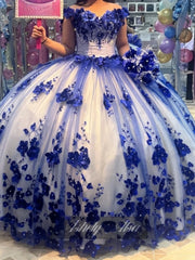 Princess Royal Blue Vestidos De 15 Quinceanera Dresses 3D Floral Crystals