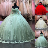 Princess Mint Green Quinceanera Dresses Lace Off-Shoulder Sweet 16 Birthday Party Dress