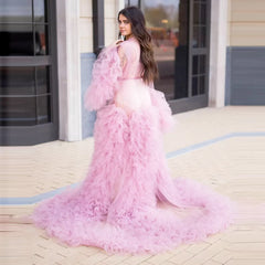 Puffy Pink Tulle Maternity Photo Shoot Women Night Robe Sleepwear Gown