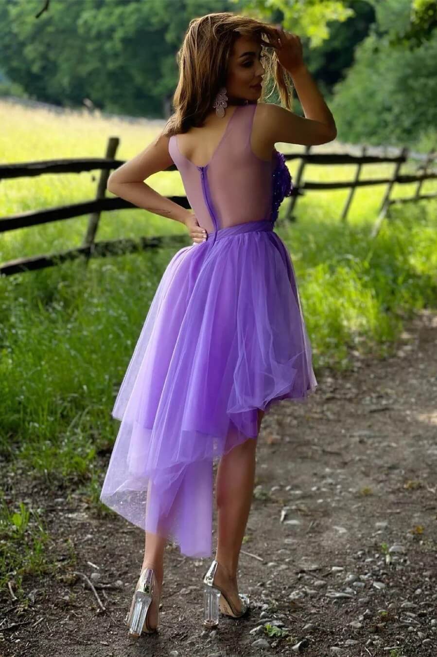 purple flowy hoco dress Half Sleeves Lilac Tulle Short Prom Dresses, Short Lilac Homecoming Dresses, US 12 / Custom Color / With Rush+$19.99