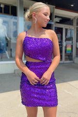 Purple Homecoming Dress One Shoulder Sequin Cutouts Tight Mini Dress