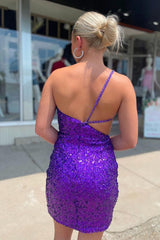 Purple Homecoming Dress One Shoulder Sequin Cutouts Tight Mini Dress