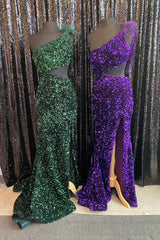 Purple Sequin One Shoulder Prom Evening Dresses Mermaid with Feathers