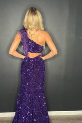 Purple Sequin One Shoulder Prom Evening Dresses Mermaid with Feathers - MyChicDress