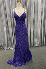 Purple Sequins Mermaid Prom Dress Slit Long Evening Gown Sleeveless