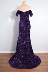 Purple Sparkly Long Formal Dress Mermaid Off-Shoulder Slit